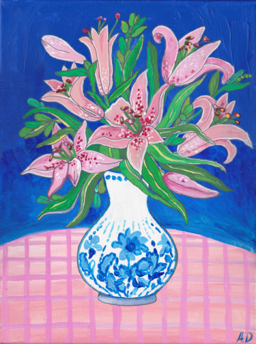 Painting titled ""Pink Lilies"" by Alexandra Dobreikin, Original Artwork, Acrylic Mounted on Wood Stretcher frame