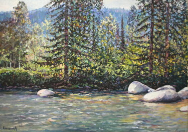 Painting titled "mountain river" by Yury Sapozhnikov, Original Artwork, Oil