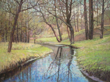Malerei mit dem Titel "Spring landscape" von Yury Sapozhnikov, Original-Kunstwerk, Öl