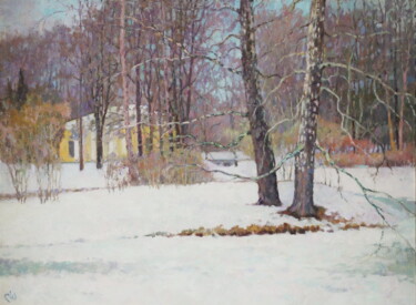 Painting titled "The snow is melting" by Yury Sapozhnikov, Original Artwork, Oil