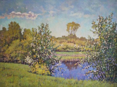 Painting titled "cherry blossoms" by Yury Sapozhnikov, Original Artwork, Oil