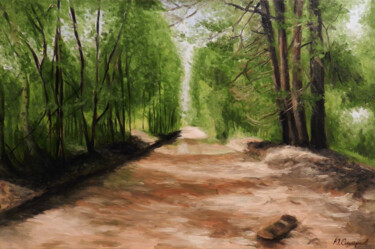 Schilderij getiteld "Forest Road" door Yury Smirnov, Origineel Kunstwerk, Olie