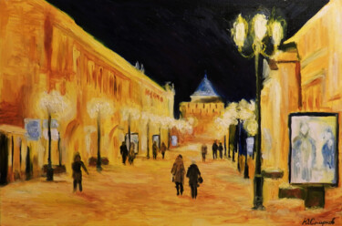 Painting titled "Pokrovka at night" by Yury Smirnov, Original Artwork, Oil