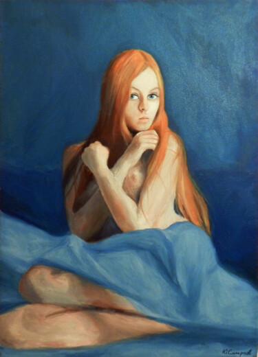 Painting titled "Alena sitting on th…" by Yury Smirnov, Original Artwork, Oil Mounted on Wood Stretcher frame