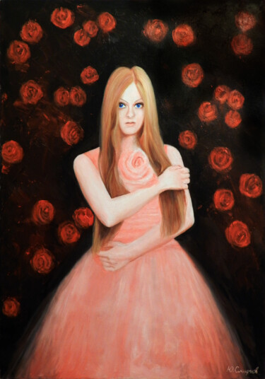 Malarstwo zatytułowany „Alena and roses” autorstwa Yury Smirnov, Oryginalna praca, Olej Zamontowany na Drewniana rama noszy