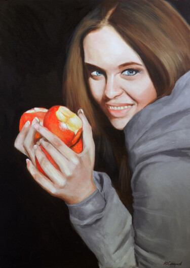 Peinture intitulée "Girl with apples" par Yury Smirnov, Œuvre d'art originale, Huile Monté sur Châssis en bois