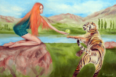 Painting titled "Alena and the tiger" by Yury Smirnov, Original Artwork, Oil Mounted on Wood Stretcher frame