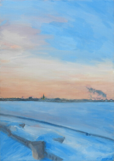 Painting titled "Winter sunset over…" by Yury Smirnov, Original Artwork, Oil Mounted on Wood Stretcher frame