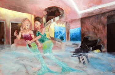 Painting titled "Mermaids" by Yury Smirnov, Original Artwork, Oil Mounted on Wood Stretcher frame