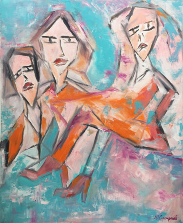 Painting titled "Three girls" by Yury Smirnov, Original Artwork, Oil Mounted on Wood Stretcher frame