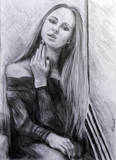 Drawing titled "Ksenia and paintings" by Yury Smirnov, Original Artwork, Graphite