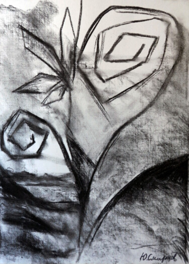 Drawing titled "Flower and mountains" by Yury Smirnov, Original Artwork, Charcoal