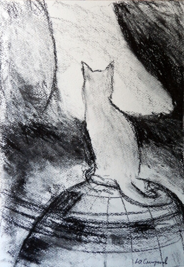 Zeichnungen mit dem Titel "Cat" von Yury Smirnov, Original-Kunstwerk, Kohle