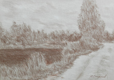 Картина под названием "Pond in the village" - Yury Smirnov, Подлинное произведение искусства, Цветные карандаши