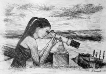 Dibujo titulada "Observer" por Yury Smirnov, Obra de arte original, Carbón