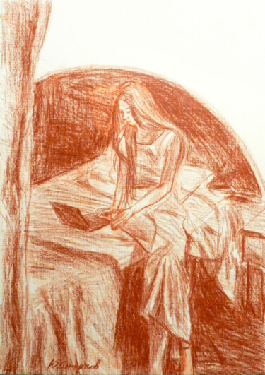 Drawing titled "Alena at the laptop" by Yury Smirnov, Original Artwork, Conté