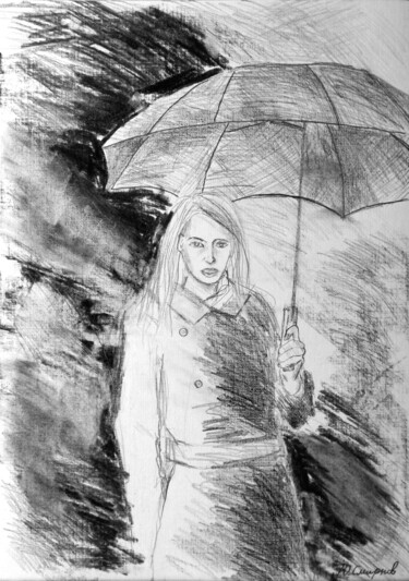 Drawing titled "Girl under an umbre…" by Yury Smirnov, Original Artwork, Charcoal