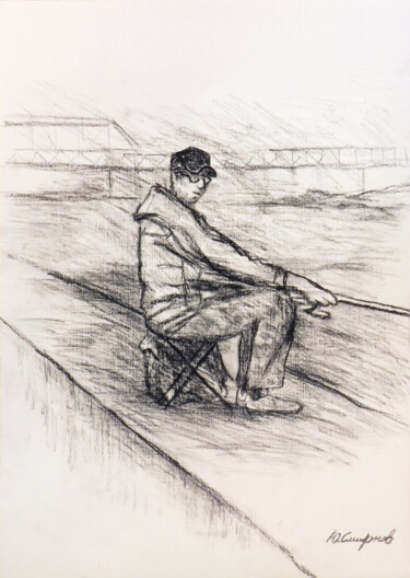 Desenho intitulada "Fisherman" por Yury Smirnov, Obras de arte originais, Carvão