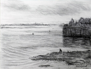 Drawing titled "Morning on the Volz…" by Yury Smirnov, Original Artwork, Charcoal