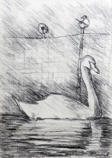 Drawing titled "Swan and two birds" by Yury Smirnov, Original Artwork, Charcoal