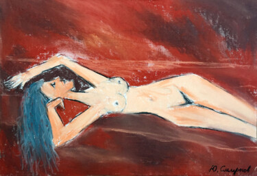 Zeichnungen mit dem Titel "Naked on the bed" von Yury Smirnov, Original-Kunstwerk, Kohle