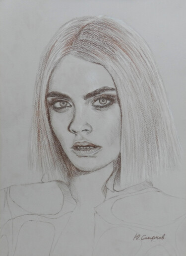Drawing titled "Cara Delevingne" by Yury Smirnov, Original Artwork, Conté