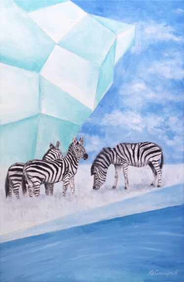 Painting titled "Three zebras" by Yury Smirnov, Original Artwork, Oil Mounted on Wood Stretcher frame