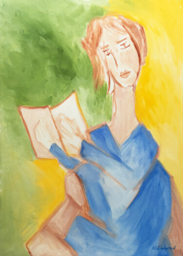 Painting titled "Reading girl" by Yury Smirnov, Original Artwork, Oil Mounted on Wood Stretcher frame