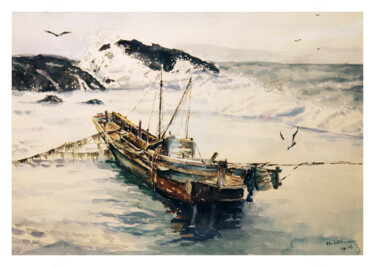 绘画 标题为“破浪 boat wave” 由雨 田, 原创艺术品, 水彩
