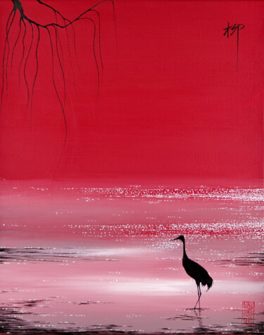 Painting titled "Crane in the sunset" by Yuxiang Liu, Original Artwork, Acrylic