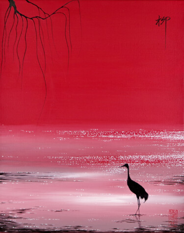 Pittura intitolato "Crane in the sunset" da Yuxiang Liu, Opera d'arte originale, Acrilico