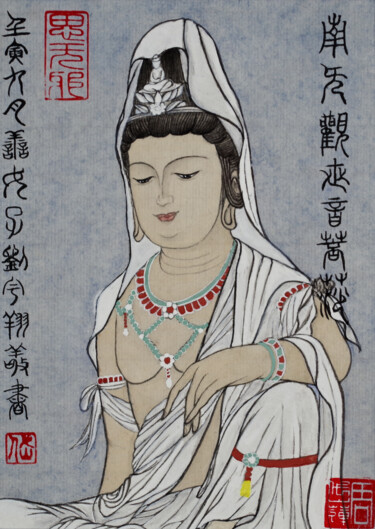 Malarstwo zatytułowany „Bouddha Guan Yin 2” autorstwa Yuxiang Liu, Oryginalna praca, Atrament