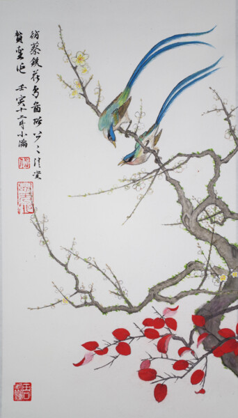 Pittura intitolato "Les oiseaux bleus" da Yuxiang Liu, Opera d'arte originale, Inchiostro
