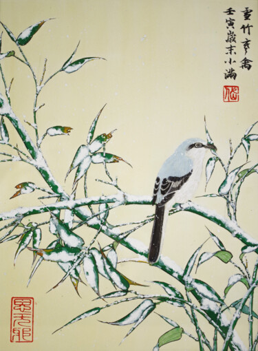 Peinture intitulée "Bambous enneigés" par Yuxiang Liu, Œuvre d'art originale, Pigments
