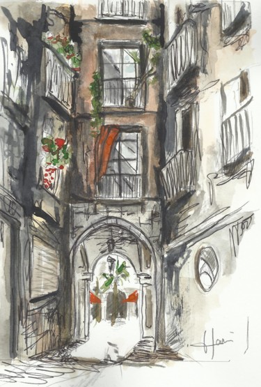 Peinture intitulée "ruelle de barcelone" par Yvan Houis, Œuvre d'art originale, Aquarelle