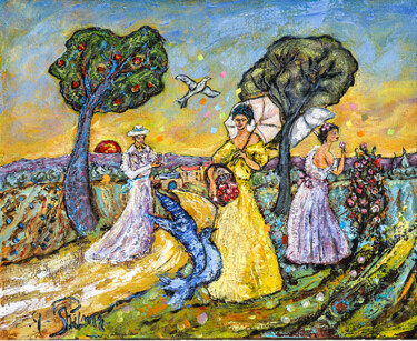 Pittura intitolato "Femmes au jardin" da Yvan Philmer, Opera d'arte originale, Olio