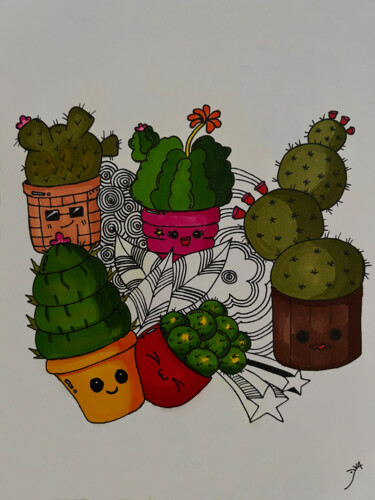 Zeichnungen mit dem Titel "Happy Cactus Doodle" von Yvart, Original-Kunstwerk, Marker