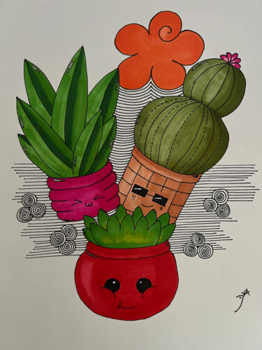 Desenho intitulada "Happy Cactus Doodle…" por Yvart, Obras de arte originais, Marcador