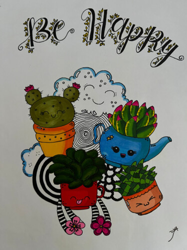 Disegno intitolato "Be Happpy Cactus Do…" da Yvart, Opera d'arte originale, Inchiostro