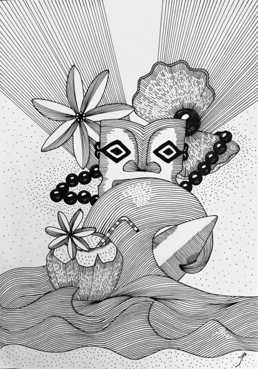 Drawing titled "Tahiti Tiki Surfer" by Yvart, Original Artwork, Pigments