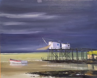 Painting titled "Carrelets sous l’or…" by Yves David, Original Artwork, Oil