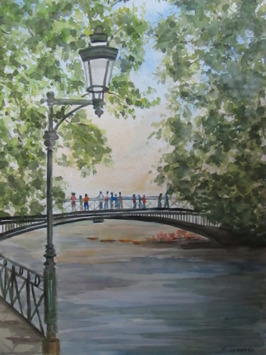 Painting titled "Le pont des amours…" by Yveline Corbard, Original Artwork, Watercolor