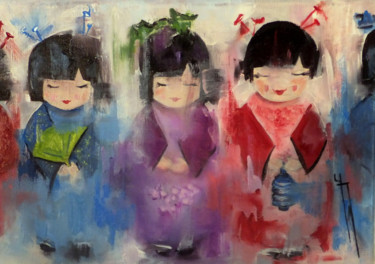 Pintura intitulada "poupées japonaises" por Yveline Javer, Obras de arte originais, Óleo