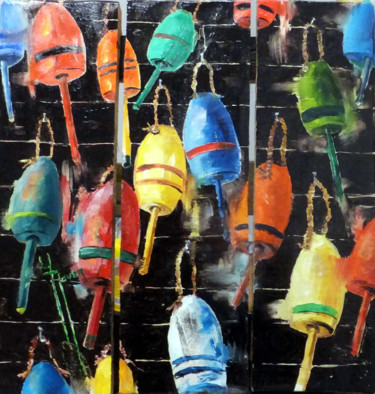 Painting titled "bouchons de pêche n…" by Yveline Javer, Original Artwork, Oil