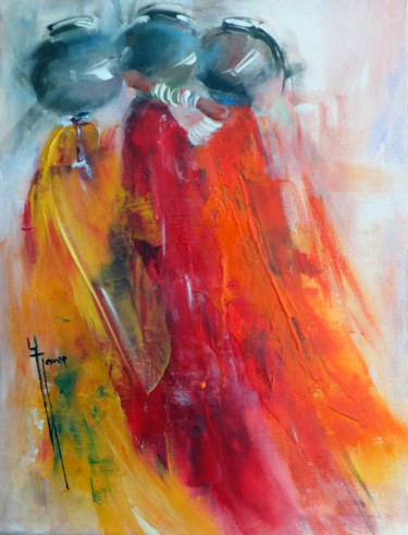 Peinture intitulée "indiennes porteuses…" par Yveline Javer, Œuvre d'art originale, Huile
