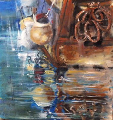 Malerei mit dem Titel "Bateau à quai" von Yveline Javer, Original-Kunstwerk, Öl