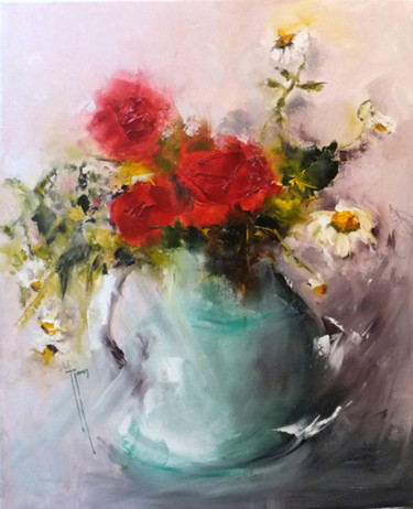Картина под названием "Bouquet bonheur d'é…" - Yveline Javer, Подлинное произведение искусства, Масло