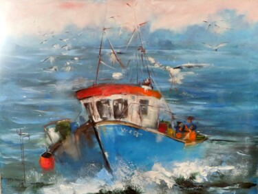 Malerei mit dem Titel "Retour de pêche" von Yveline Javer, Original-Kunstwerk, Öl