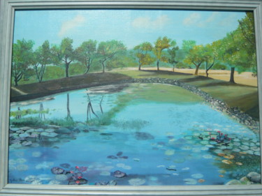 Peinture intitulée "lac aux antilles" par Yveline Roux, Œuvre d'art originale, Huile