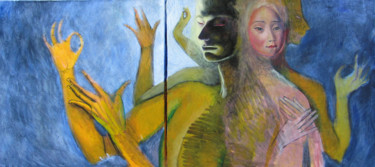 Pintura titulada "nelumbo" por Yveline Tainmont, Obra de arte original, Oleo Montado en Bastidor de camilla de madera